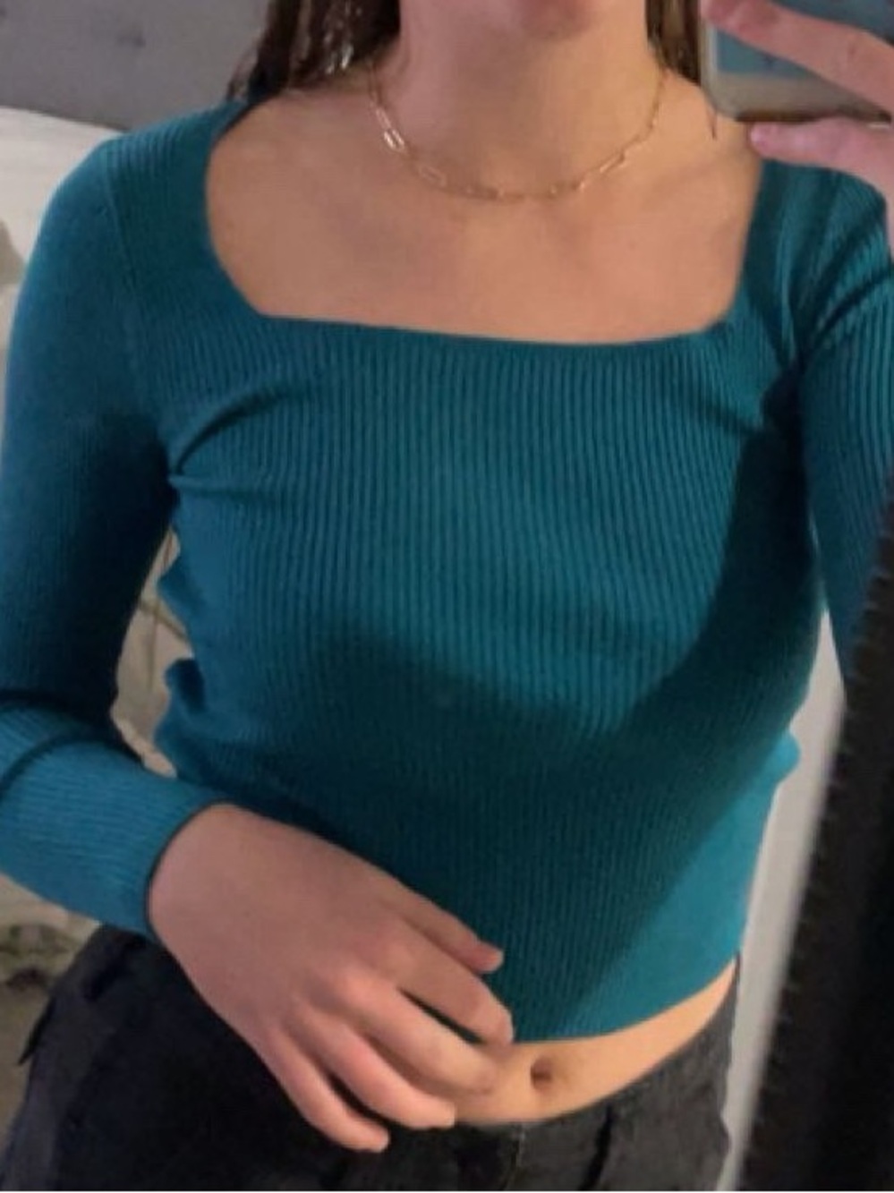 Ribbed Square-Neck Long Sleeve Top in Teal